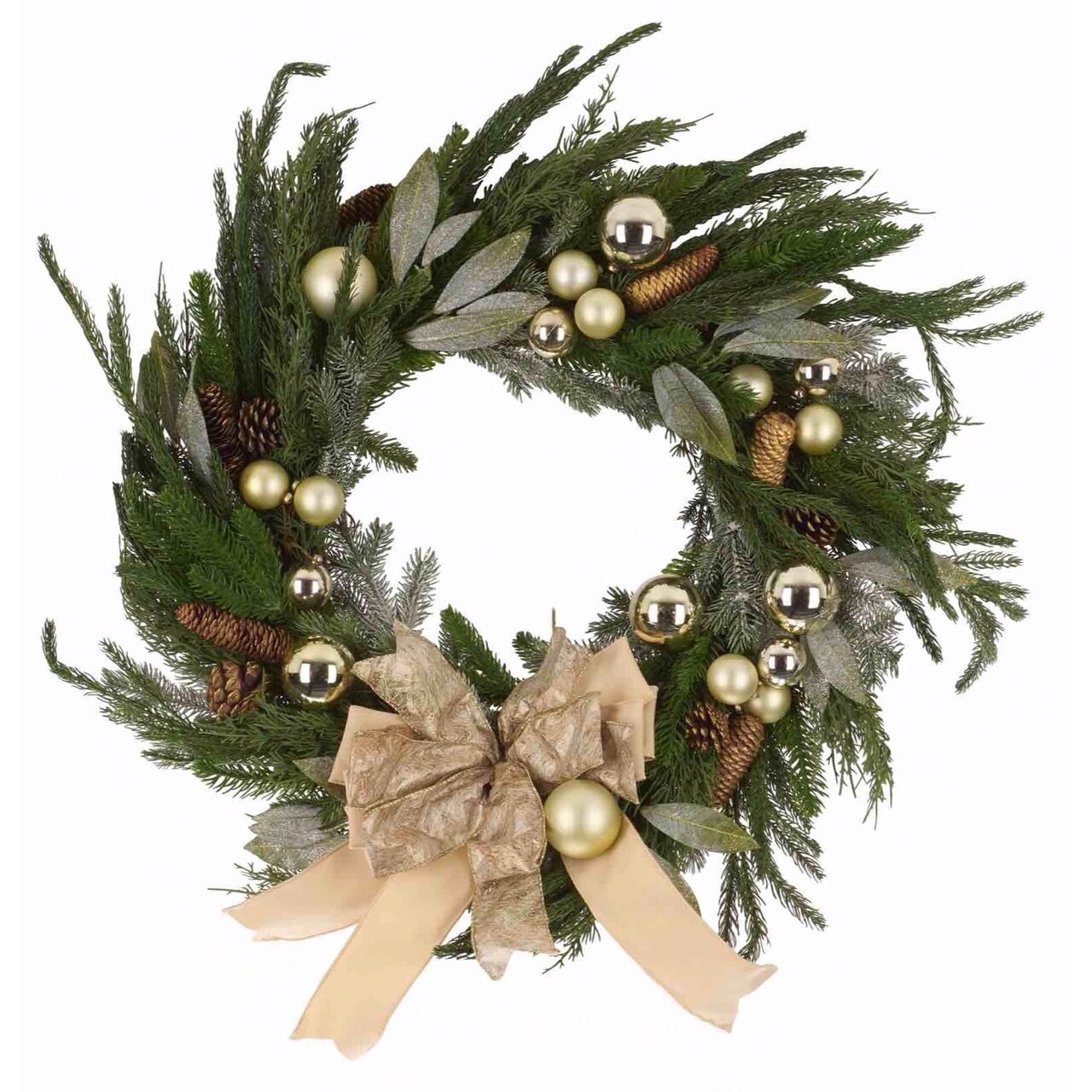Faux 28 Inch Pine Needle Wreath W/Ornaments And Ribbon, Pine Cone